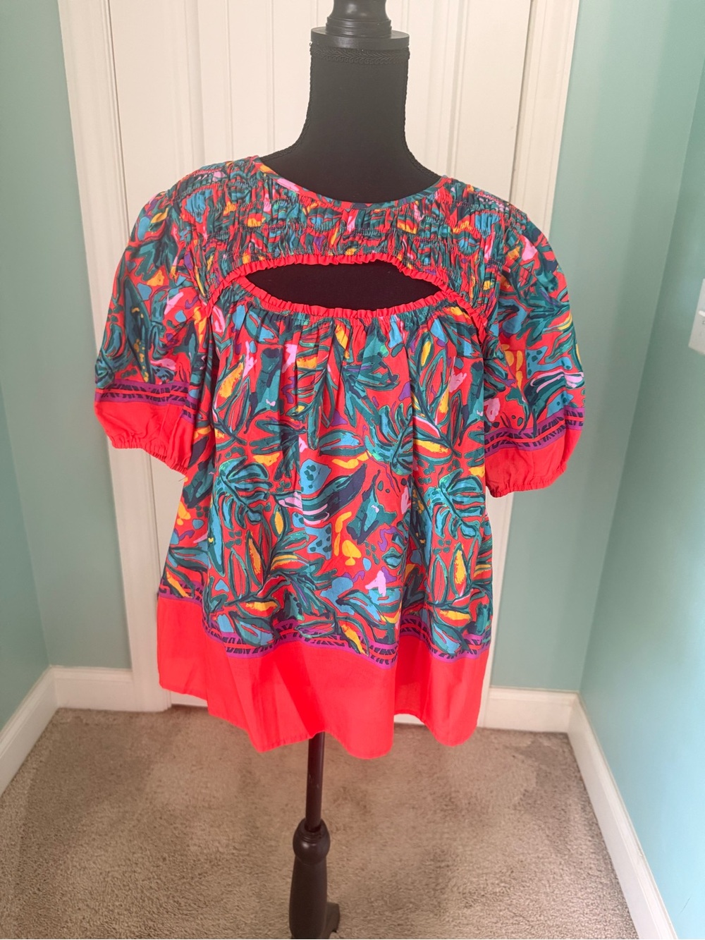 PINCH Bright Coral Multicolor Cutout Smocked Peasant Top - NWT - XXL